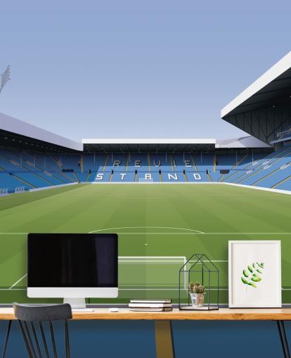 sininen ja vihreä jalkapallostadionin taustakuvamaalaus nimeltä Elland Road Football Stadium lasten makuuhuoneisiin ja pelihuoneisiin, kirjoittanut Matthew J I Wood Design & Illustration sininen ja vihreä jalkapallostadionin taustakuvamaalaus nimeltä Elland Road Football Stadium lasten makuuhuoneisiin ja pelihuoneisiin, kirjoittanut Matthew J I Wood Design & Illustration