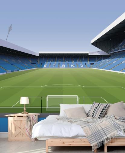 blå og grøn fodboldstadion tapetmaleri kaldet Elland Road Football Stadium til børns soveværelser og spillelokaler af Matthew J I Wood Design & Illustration