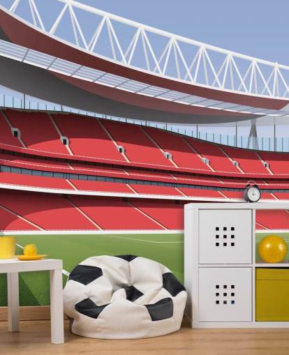 rødt og grønt fodboldstadion tapetmaleri kaldet Emirates Stadium af Matthew J I Wood Design & Illustration