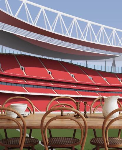röd och grön fotbollsstadion tapetväggmålning kallad Emirates Stadium av Matthew J I Wood Design & Illustration
