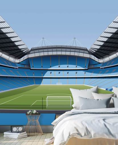 blå og grønn premier league stadion tapetmaleri kalt Etihad Stadium av Matthew J I Wood Design & Illustration blå og grønn premier league stadion tapetmaleri kalt Etihad Stadium av Matthew J I Wood Design & Illustration