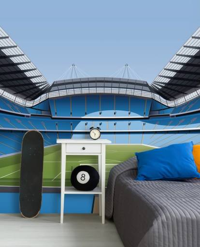 blå och grön premier league stadion tapetväggmålning som heter Etihad Stadium av Matthew J I Wood Design & Illustration blå och grön premier league stadion tapetväggmålning som heter Etihad Stadium av Matthew J I Wood Design & Illustration