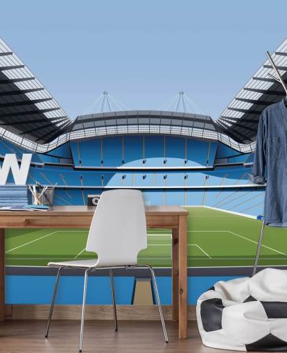 mural azul y verde del estadio de la Premier League llamado Etihad Stadium de Matthew J I Wood Design & Illustration mural azul y verde del estadio de la Premier League llamado Etihad Stadium de Matthew J I Wood Design & Illustration