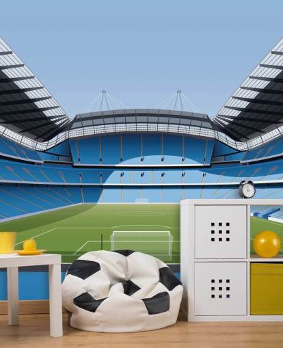 mural azul y verde del estadio de la Premier League llamado Etihad Stadium de Matthew J I Wood Design & Illustration