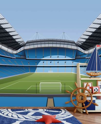 blå och grön premier league stadion tapetväggmålning som heter Etihad Stadium av Matthew J I Wood Design & Illustration blå och grön premier league stadion tapetväggmålning som heter Etihad Stadium av Matthew J I Wood Design & Illustration