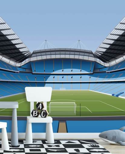 blå og grøn premier league stadion tapetmaleri kaldet Etihad Stadium af Matthew J I Wood Design & Illustration