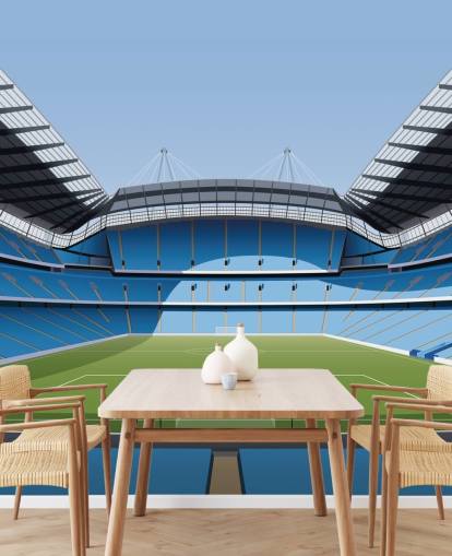 murale di carta da parati blu e verde dello stadio della Premier League chiamato Etihad Stadium di Matthew J I Wood Design & Illustration