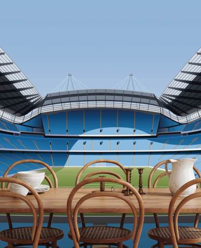 Blau-grüne Premier League-Stadion-Tapete namens Etihad Stadium von Matthew J I Wood Design & Illustration