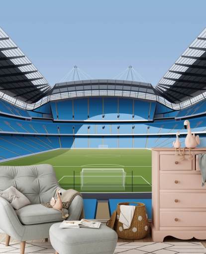 blå og grøn premier league stadion tapetmaleri kaldet Etihad Stadium af Matthew J I Wood Design & Illustration blå og grøn premier league stadion tapetmaleri kaldet Etihad Stadium af Matthew J I Wood Design & Illustration