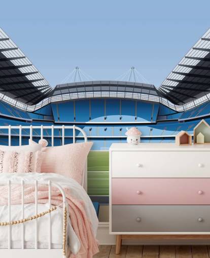 murale di carta da parati blu e verde dello stadio della Premier League chiamato Etihad Stadium di Matthew J I Wood Design & Illustration