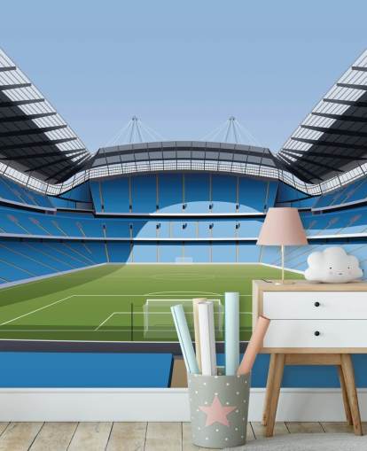 blue and green premier league stadium wallpaper mural called Etihad Stadium by Matthew J I Wood Design & Illustration