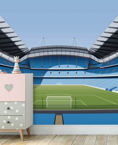 sininen ja vihreä Valioliigan stadionin taustakuvamaalaus nimeltä Etihad Stadium, kirjoittanut Matthew J I Wood Design & Illustration