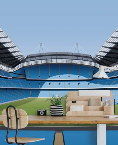 blå og grønn premier league stadion tapetmaleri kalt Etihad Stadium av Matthew J I Wood Design & Illustration blå og grønn premier league stadion tapetmaleri kalt Etihad Stadium av Matthew J I Wood Design & Illustration