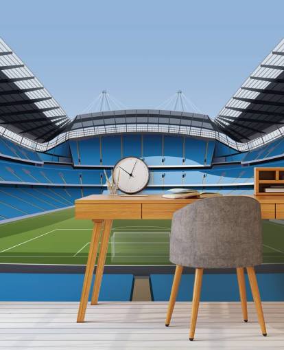 blå og grøn premier league stadion tapetmaleri kaldet Etihad Stadium af Matthew J I Wood Design & Illustration