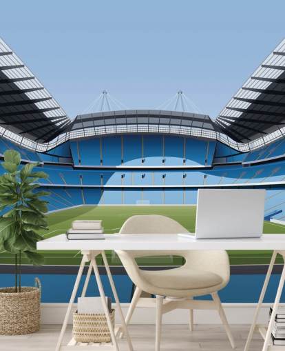 sininen ja vihreä Valioliigan stadionin taustakuvamaalaus nimeltä Etihad Stadium, kirjoittanut Matthew J I Wood Design & Illustration