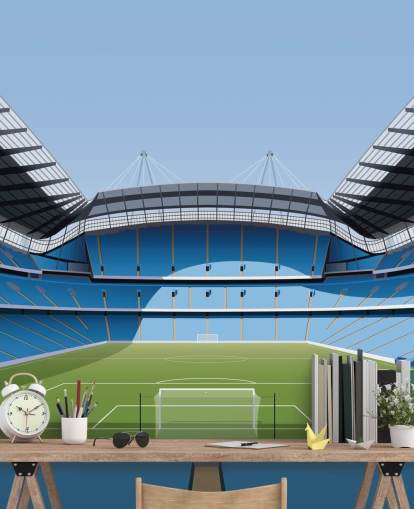 blå og grønn premier league stadion tapetmaleri kalt Etihad Stadium av Matthew J I Wood Design & Illustration