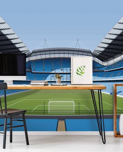 blauwe en groene behangmuurschildering van het Premier League Stadium genaamd Etihad Stadium door Matthew J I Wood Design & Illustration blauwe en groene behangmuurschildering van het Premier League Stadium genaamd Etihad Stadium door Matthew J I Wood Design & Illustration