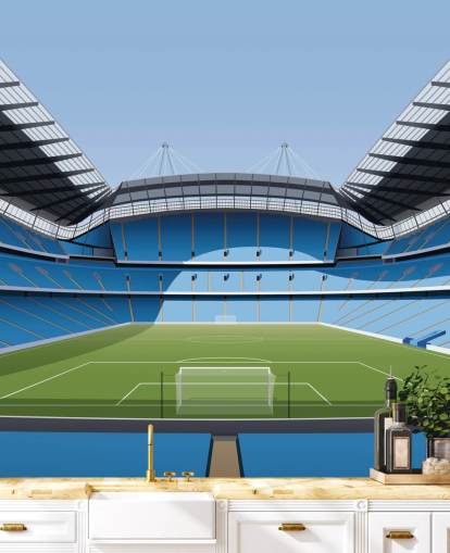 blue and green premier league stadium wallpaper mural called Etihad Stadium by Matthew J I Wood Design & Illustration