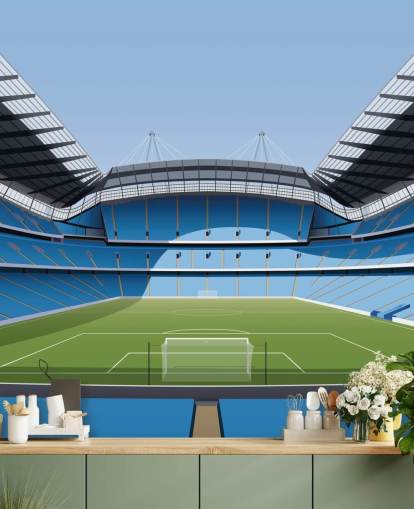 blue and green premier league stadium wallpaper mural called Etihad Stadium by Matthew J I Wood Design & Illustration