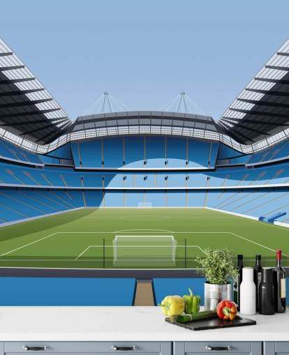 blauwe en groene behangmuurschildering van het Premier League Stadium genaamd Etihad Stadium door Matthew J I Wood Design & Illustration