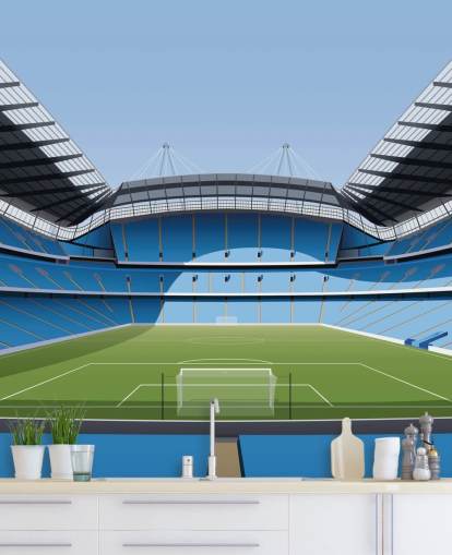 blue and green premier league stadium wallpaper mural called Etihad Stadium by Matthew J I Wood Design & Illustration