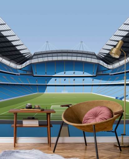 papier peint mural bleu et vert du stade de la Premier League appelé Etihad Stadium par Matthew J I Wood Design & Illustration