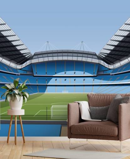 papier peint mural bleu et vert du stade de la Premier League appelé Etihad Stadium par Matthew J I Wood Design & Illustration