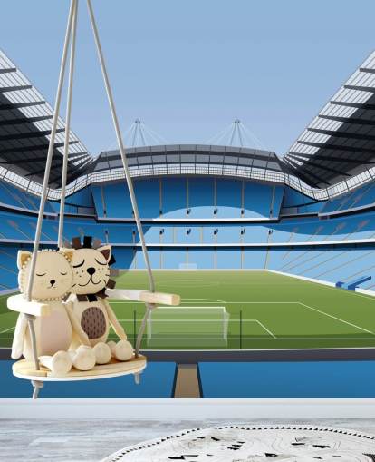 blauwe en groene behangmuurschildering van het Premier League Stadium genaamd Etihad Stadium door Matthew J I Wood Design & Illustration