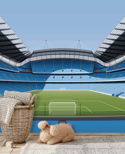 murale di carta da parati blu e verde dello stadio della Premier League chiamato Etihad Stadium di Matthew J I Wood Design & Illustration