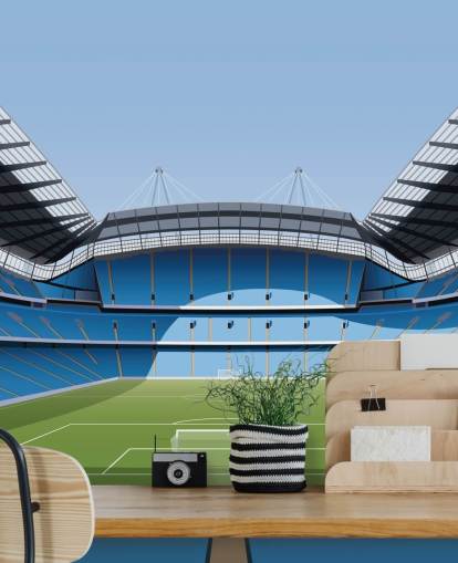 mural azul y verde del estadio de la Premier League llamado Etihad Stadium de Matthew J I Wood Design & Illustration mural azul y verde del estadio de la Premier League llamado Etihad Stadium de Matthew J I Wood Design & Illustration