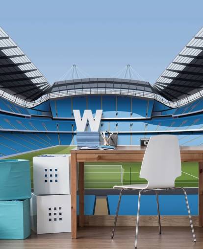 murale di carta da parati blu e verde dello stadio della Premier League chiamato Etihad Stadium di Matthew J I Wood Design & Illustration murale di carta da parati blu e verde dello stadio della Premier League chiamato Etihad Stadium di Matthew J I Wood Design & Illustration