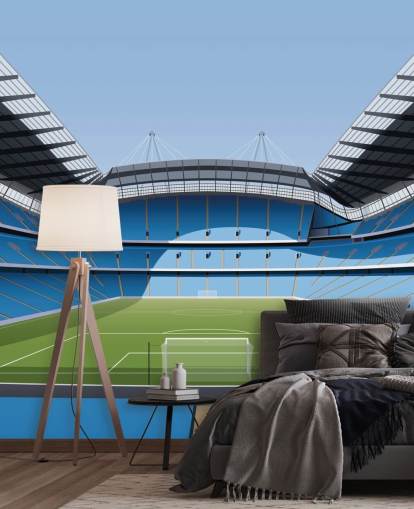 sininen ja vihreä Valioliigan stadionin taustakuvamaalaus nimeltä Etihad Stadium, kirjoittanut Matthew J I Wood Design & Illustration