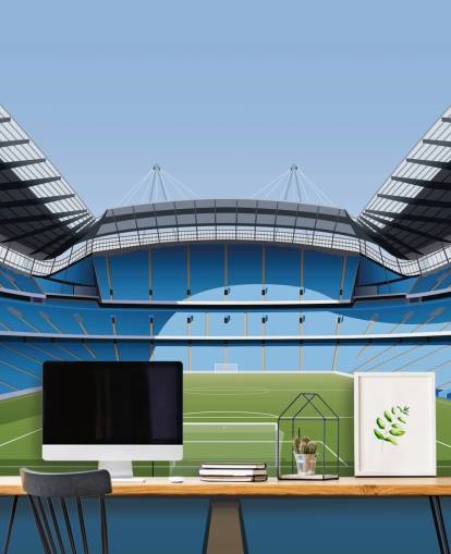 blå og grøn premier league stadion tapetmaleri kaldet Etihad Stadium af Matthew J I Wood Design & Illustration blå og grøn premier league stadion tapetmaleri kaldet Etihad Stadium af Matthew J I Wood Design & Illustration