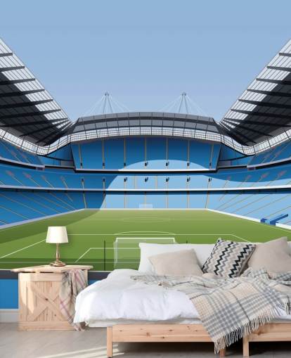 murale di carta da parati blu e verde dello stadio della Premier League chiamato Etihad Stadium di Matthew J I Wood Design & Illustration