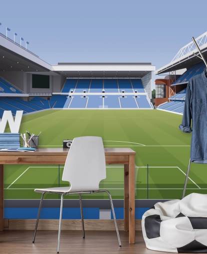 carta da parati blu e verde dello stadio di calcio chiamata Ibrox Football Stadium di Matthew J I Wood Design & Illustration per camerette per bambini