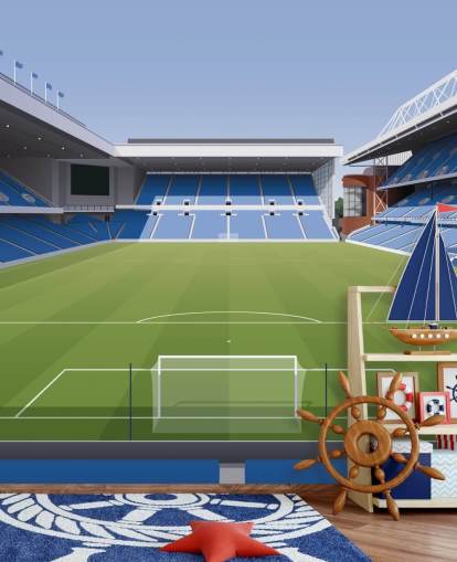 blue and green football stadium wallpaper called Ibrox Football Stadium by Matthew J I Wood Design & Illustration for child's bedrooms