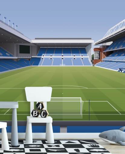 blauw en groen voetbalstadionbehang genaamd Ibrox Football Stadium van Matthew J I Wood Design & Illustration voor kinderkamers