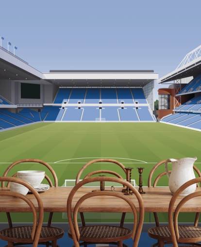 blue and green football stadium wallpaper called Ibrox Football Stadium by Matthew J I Wood Design & Illustration for child's bedrooms