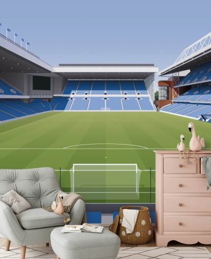 sininen ja vihreä jalkapallostadionin taustakuva nimeltä Ibrox Football Stadium, kirjoittanut Matthew J I Wood Design & Illustration lasten makuuhuoneisiin