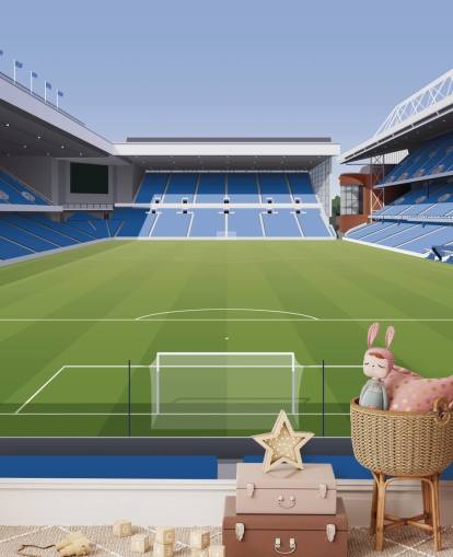 sininen ja vihreä jalkapallostadionin taustakuva nimeltä Ibrox Football Stadium, kirjoittanut Matthew J I Wood Design & Illustration lasten makuuhuoneisiin