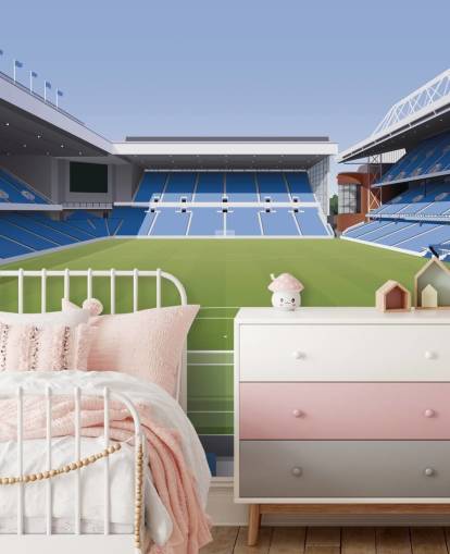 papel pintado azul y verde de un estadio de fútbol llamado Ibrox Football Stadium de Matthew J I Wood Diseño e ilustración para dormitorios de niños