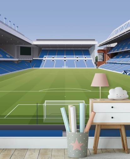 blue and green football stadium wallpaper called Ibrox Football Stadium by Matthew J I Wood Design & Illustration for child's bedrooms
