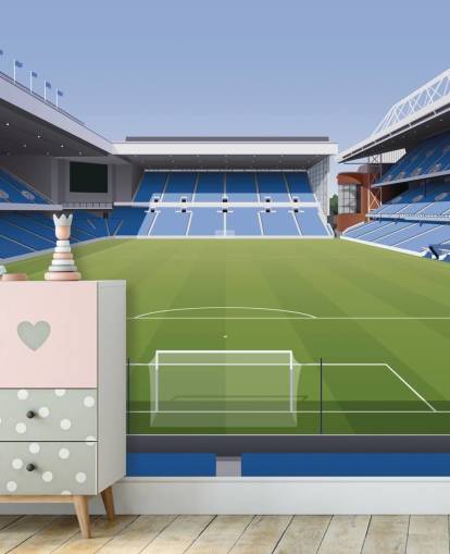 blue and green football stadium wallpaper called Ibrox Football Stadium by Matthew J I Wood Design & Illustration for child's bedrooms