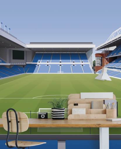 papel pintado azul y verde de un estadio de fútbol llamado Ibrox Football Stadium de Matthew J I Wood Diseño e ilustración para dormitorios de niños