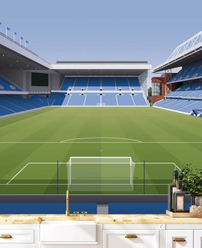 papel pintado azul y verde de un estadio de fútbol llamado Ibrox Football Stadium de Matthew J I Wood Diseño e ilustración para dormitorios de niños