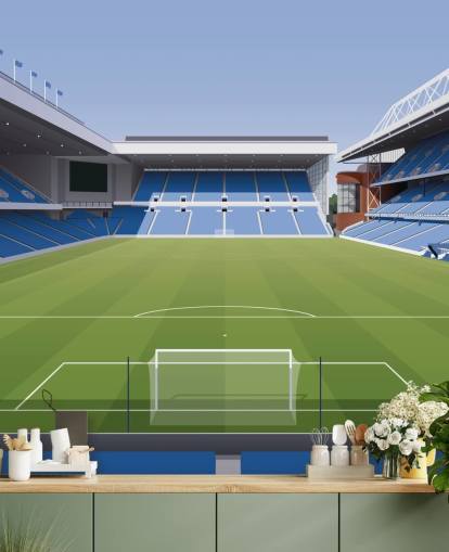 blue and green football stadium wallpaper called Ibrox Football Stadium by Matthew J I Wood Design & Illustration for child's bedrooms