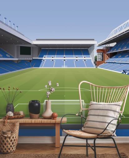 papel pintado azul y verde de un estadio de fútbol llamado Ibrox Football Stadium de Matthew J I Wood Diseño e ilustración para dormitorios de niños