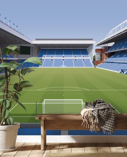 blue and green football stadium wallpaper called Ibrox Football Stadium by Matthew J I Wood Design & Illustration for child's bedrooms