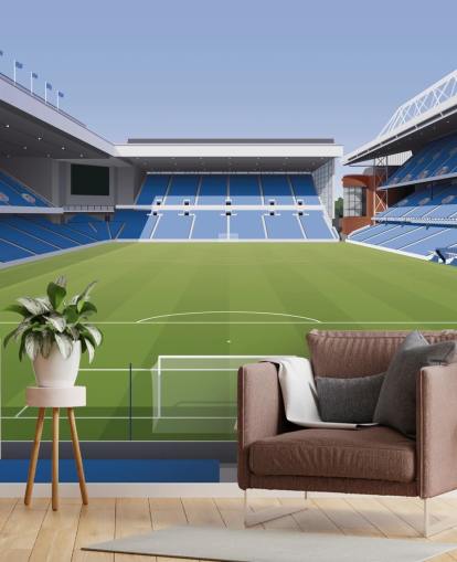 blue and green football stadium wallpaper called Ibrox Football Stadium by Matthew J I Wood Design & Illustration for child's bedrooms