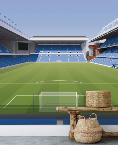 papel pintado azul y verde de un estadio de fútbol llamado Ibrox Football Stadium de Matthew J I Wood Diseño e ilustración para dormitorios de niños